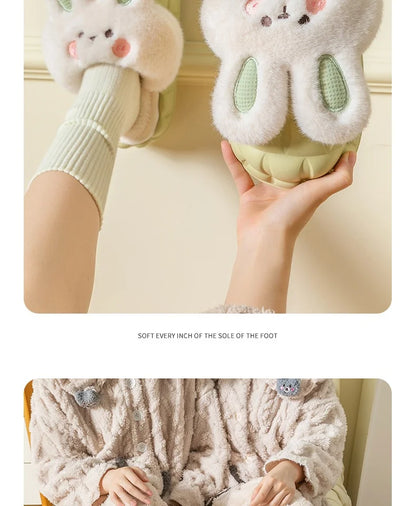 Mo Dou 2022 Winter Warm Women Slippers Waterproof Vamp Cute Rabbit Bear Decoration Indoor Outdoor Shoes Soft Plush Men Slippers