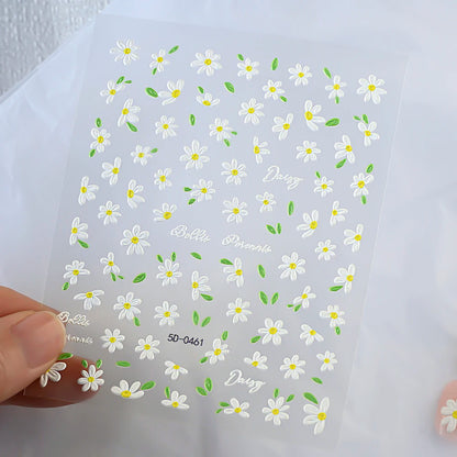 2pcs 5D White Daisy Design Nail Art Stickers Embossed Daisy Floret Green Leaf Nail Art Decals DIY Spring Summer Decor Stickers