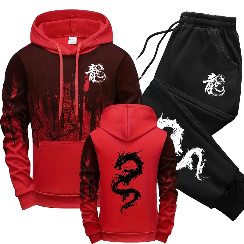 Chinese Dragon Tracksuit Hooded Sweatshirt Sweatpants City Vibe Hoodie 2 Piece Set Autumn Winter Men's Daily Casual Sport Outfit