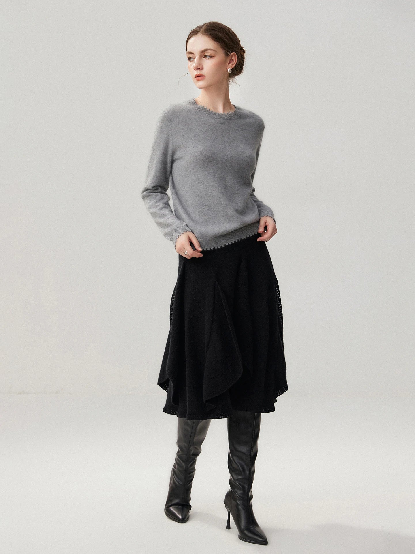 French 100% Pure Cashmere Skirt Ruffle Irregular A-line Soild Midi Sirt Autumn Winter Women Elegant Pleated  Knit Dress Fashion