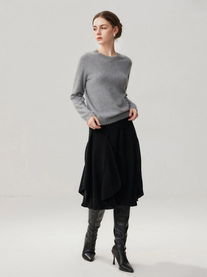 French 100% Pure Cashmere Skirt Ruffle Irregular A-line Soild Midi Sirt Autumn Winter Women Elegant Pleated  Knit Dress Fashion