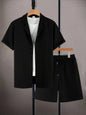Men's Sophisticated Pleated Set Khaki Textured Cuban Collar Shirt & Elastic Waist Shorts 2 Piece Commute Outfit