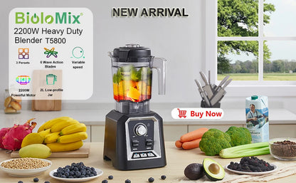 BioloMix 3HP 2200W Heavy Duty Grade Timer Blender Mixer Juicer Fruit Food Processor Ice Smoothies BPA Free 2L Jar