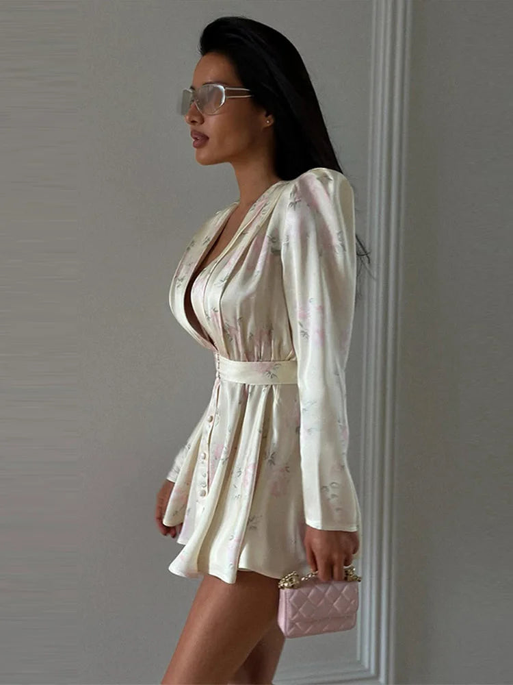 Sexy Women's Dress Deep V-neck Full Sleeve Waistband Two Piece Female Print Floral Sets 2026 Summer Party New Holiday Lady Suit