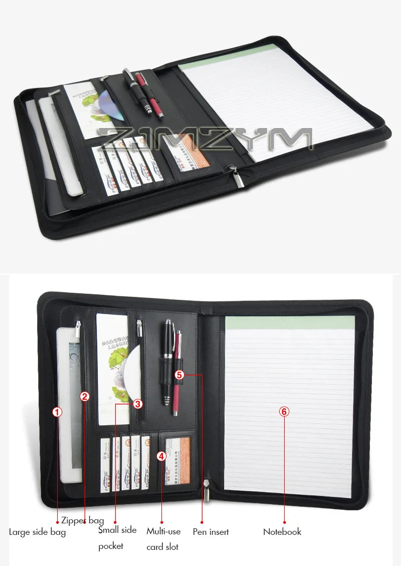 Leather Folder Zippered Closure Portfolio for Business IPad/Table and Card Interview Resume Binder