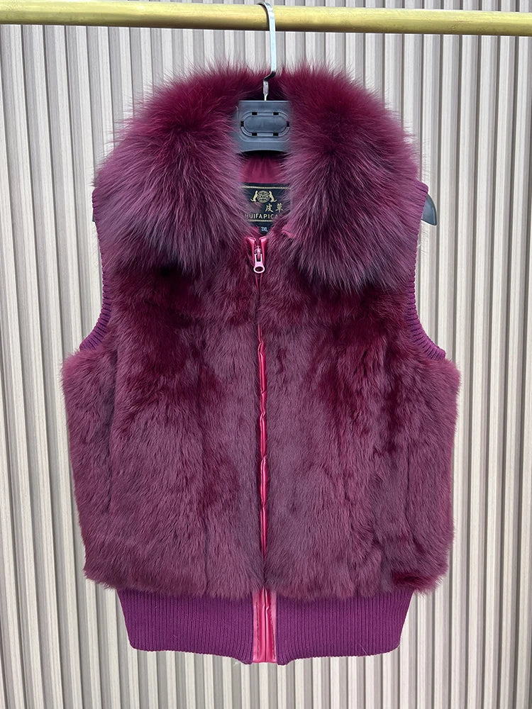 Women's Genuine Real Rabbit Fur Vest Coat Knitting Winter Fox Fur Collar Fur Jacket Casual Short Outwear Slim with Zipper