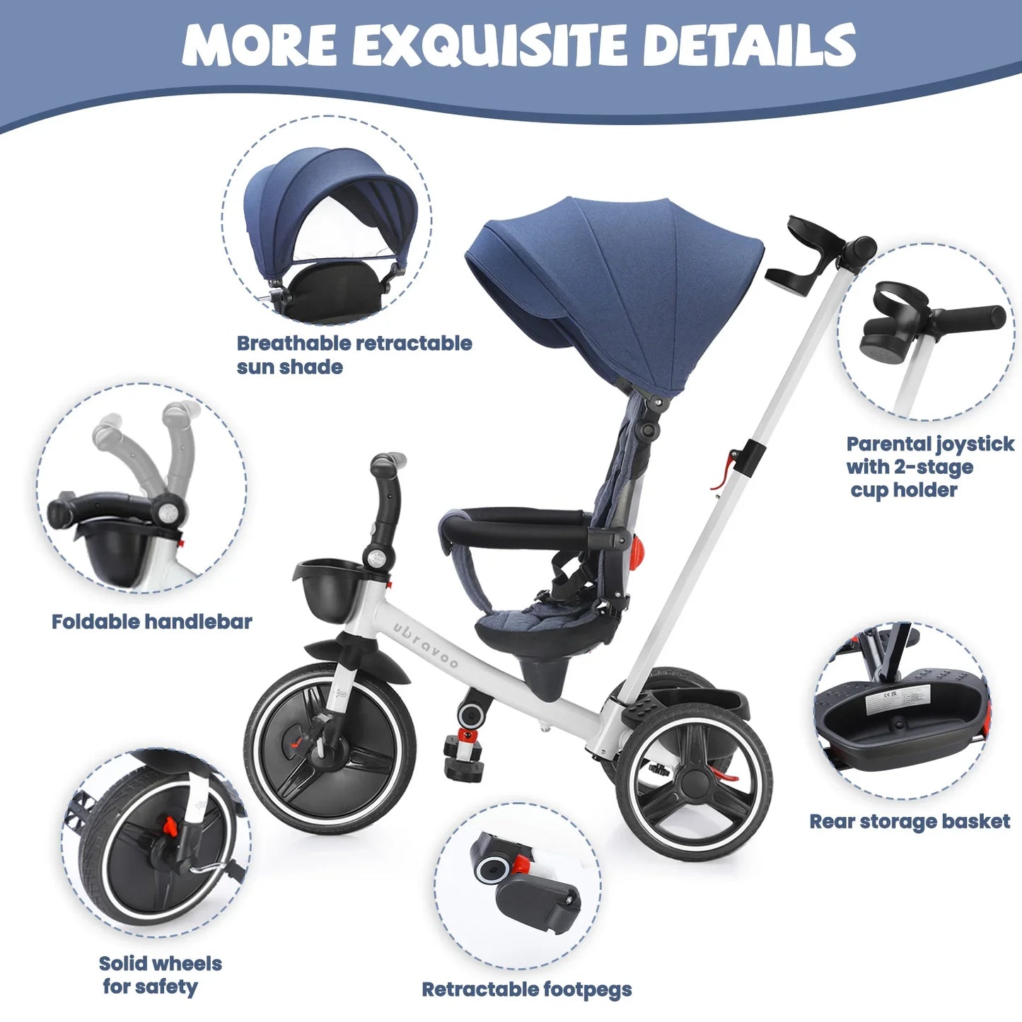 Foldable Children's Tricycle – Adjustable Parent Handle, Wheel Brakes, Removable Hood, Backrest & Safety Seat