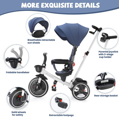 Foldable Children's Tricycle – Adjustable Parent Handle, Wheel Brakes, Removable Hood, Backrest & Safety Seat