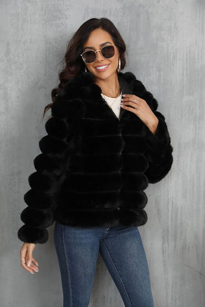 2026 Faux Fur Women Coats Hooded Full Sleeve Short Coat Zipper Thick Warm Solid Temperament Elegant Splice Autumn Winter
