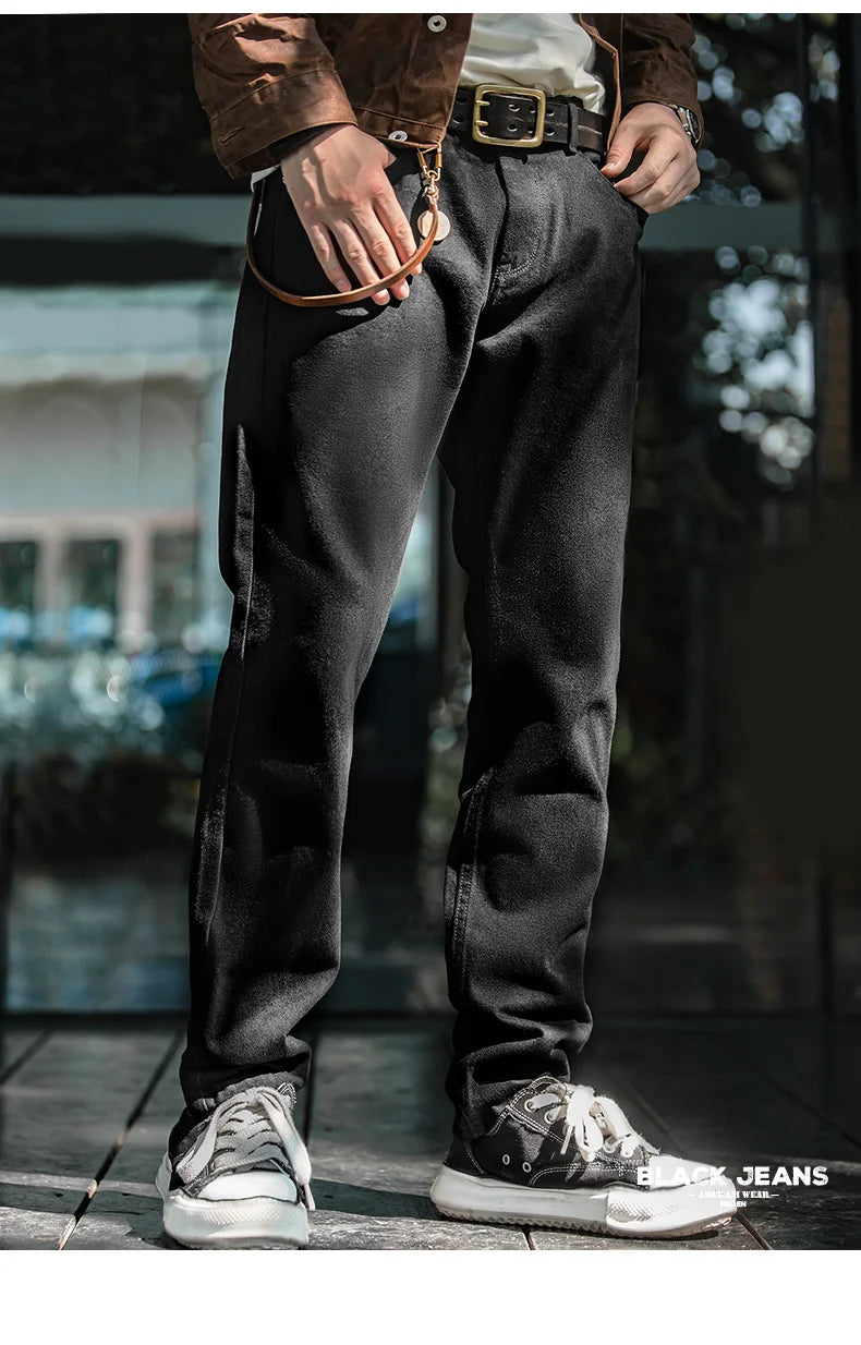 Maden Men's Vintage 12.8oz Black Washed Denim Jeans Mid Rise Straight Classic Casual Zip Fly Pants for Autumn Versatile Trousers