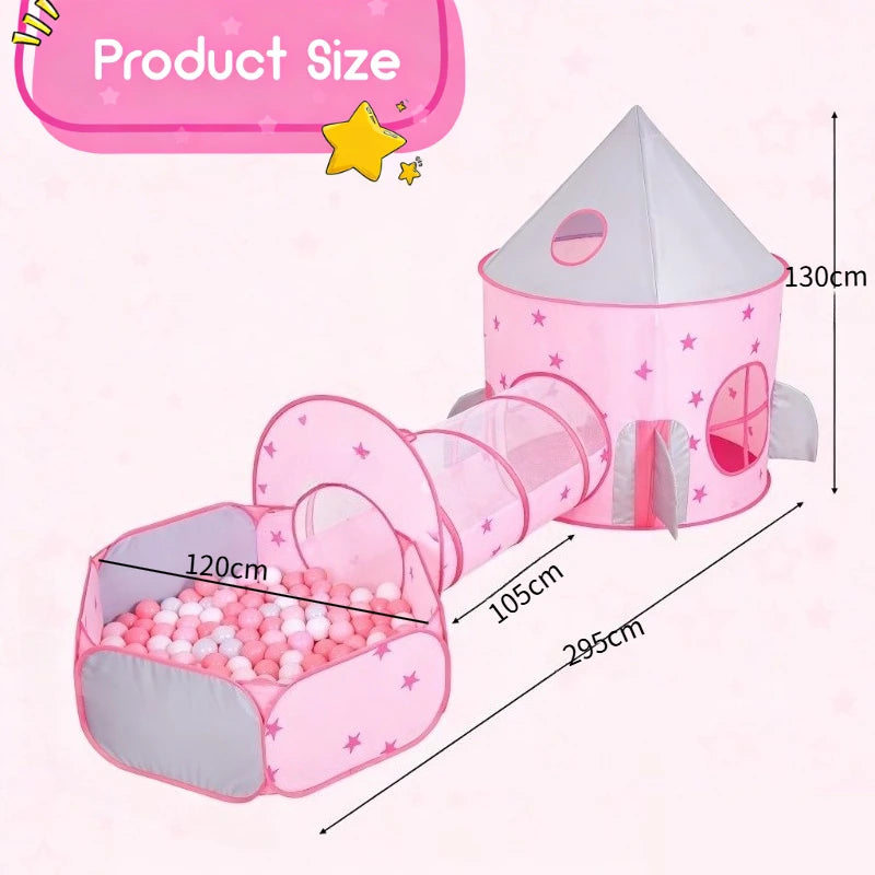 Pink Kids Tent with Tunnel & Ball Pit, Princess Play Tent for Girls, Indoor Outdoor Baby Ball Pit Playhouse with Basketball Hoop