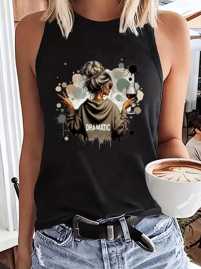 Hip Hop Vest T-shirt Dramatic Wine Art Tshirt Graphic Print Tank Top Women’s Sleeveless Crew Neck