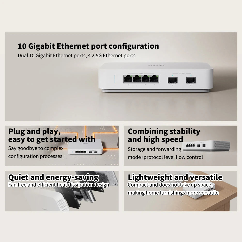 NEW Xiaomi Mi 10G Ethernet Switch 4×2.5G+2×10GMbps Mini Network Switches VLAN Ethernet Splitter Lan Router 6 Ports Hub Switch