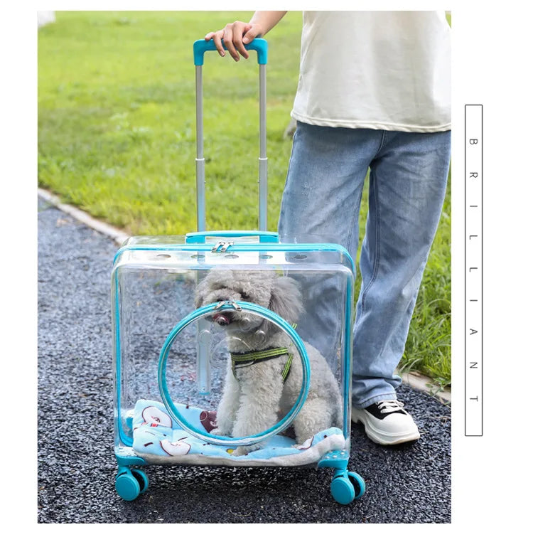 Pet Pull-Along Cart Cat Carrier, Large Capacity for Two Cats, Transparent Travel Trolley for Medium Dogs, Outdoor Pet Luggage