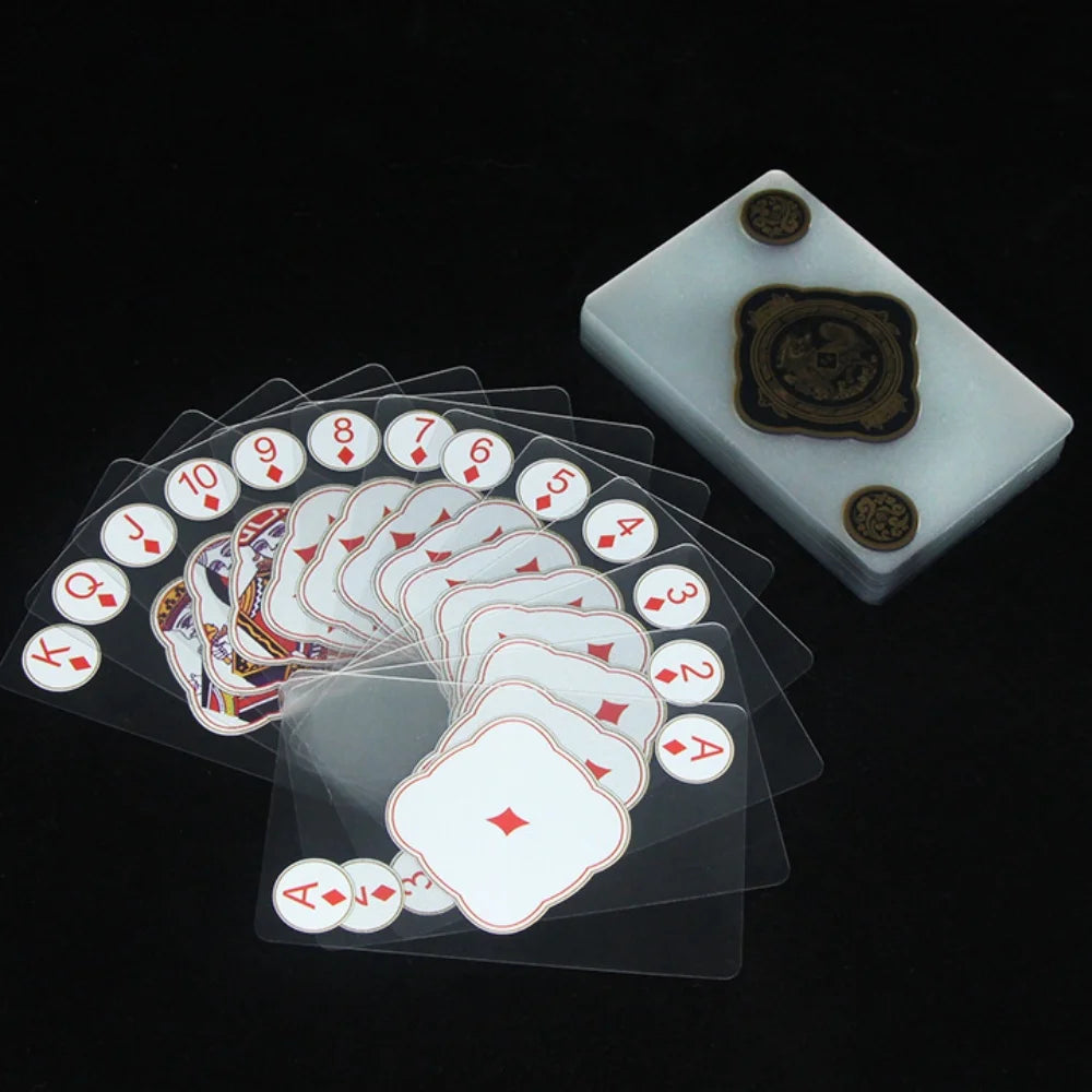 Vandeniui atsparūs permatomi plastikiniai žaidimų kortelių rinkiniai (2 vnt.) – kūrybinės patvarios PVC pokerio kortos stalo žaidimams ir klasikiniams kortų žaidimams