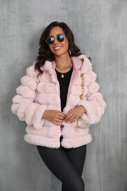 2026 Faux Fur Women Coats Hooded Full Sleeve Short Coat Zipper Thick Warm Solid Temperament Elegant Splice Autumn Winter