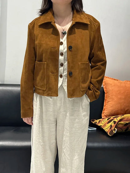 European Imported Kid Suede Leather Jacket for Woman High Grade Turn Down Collar Pocket Short Cropped Coat Long Sleeve Top Mujer
