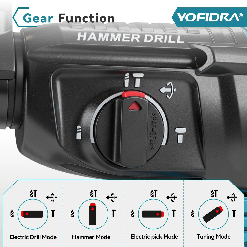 YOFIDRA 26MM Brushless Electric Hammer Drill Multifunctional Rotary Cordless Rechargeable Power Tools For Makita Battery Pin