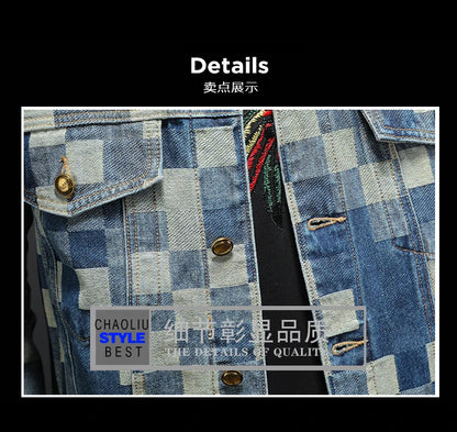 2025 Autumn Vintage Checkered Denim Jacket for Men Flip Collar Single Breasted Casual Business Jacket Social Street Wear Jeans