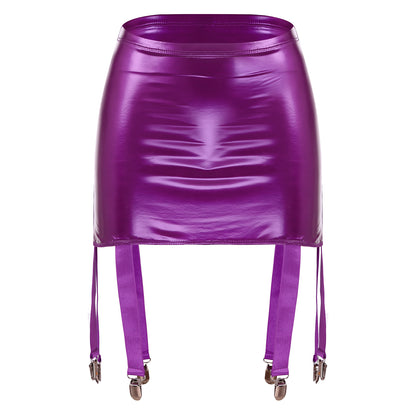 Women's Garter Straps Pencil Skirts Patent Leather Wet Look Garter Belt Short Mini Skirts with Buckle Clips Sexy Clubwear Party