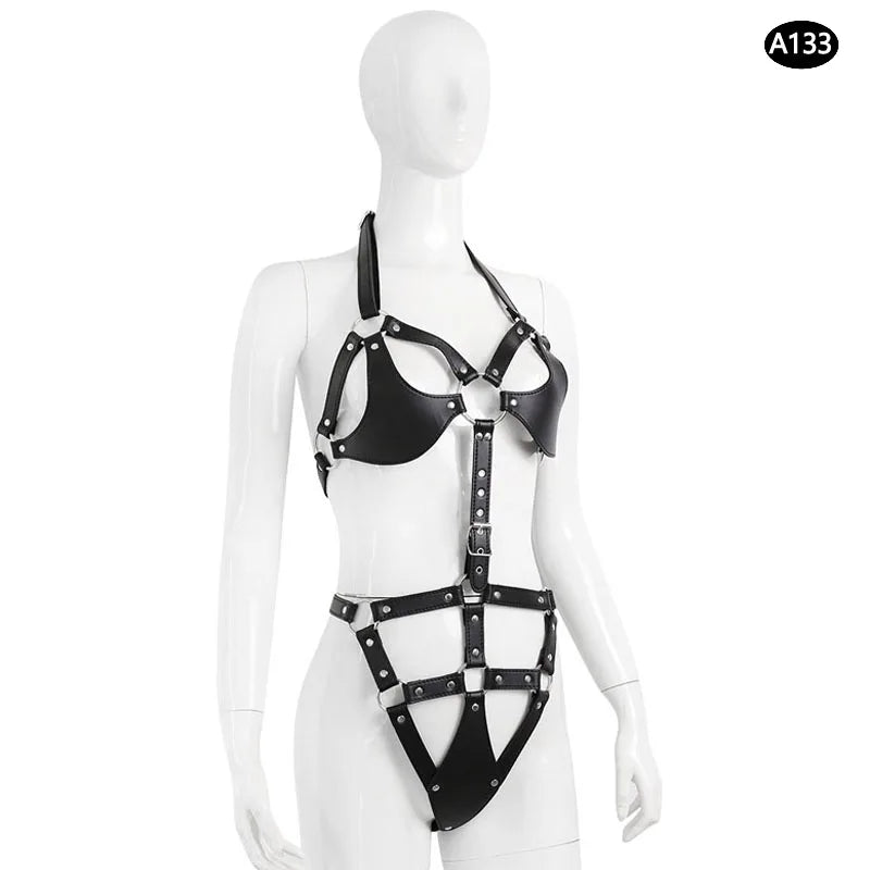 Bondage Harness Metal Leather Clothes Sexy Lingerie Bra Panty Adult Games Restraints Fetish Wear Erotic Costume BDSM Sex Toys