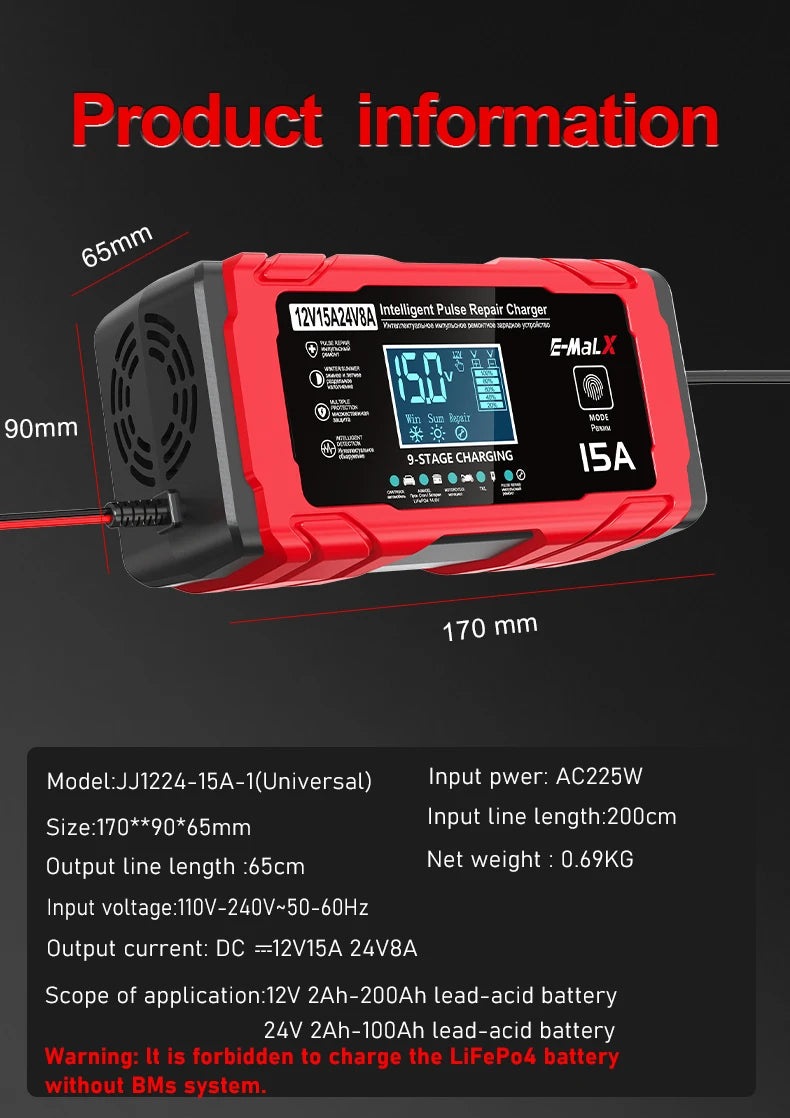 14.6V 15A Lifepo4 Battery Smart Pulse Repair Charger 12V 15A 24V 8A Electric Motorcycles Charger For Lead Acid AGM GEL Battery