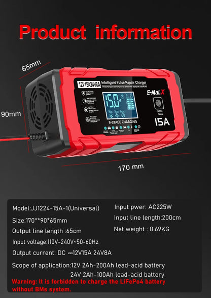 14.6V 15A Lifepo4 Battery Smart Pulse Repair Charger 12V 15A 24V 8A Electric Motorcycles Charger For Lead Acid AGM GEL Battery