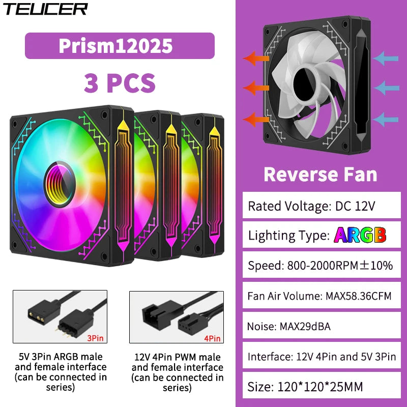 TEUCER Prism12025 PC Case Fan 120mm 5V 3Pin ARGB Cyclic Mirror Light Effect PWM 800 to 2000RPM Cooling Fan 3 Piece Set