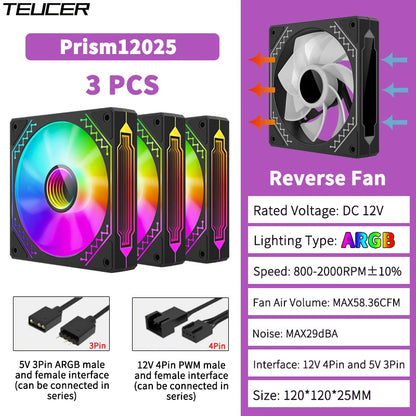 TEUCER Prism12025 PC Case Fan 120mm 5V 3Pin ARGB Cyclic Mirror Light Effect PWM 800 to 2000RPM Cooling Fan 3 Piece Set
