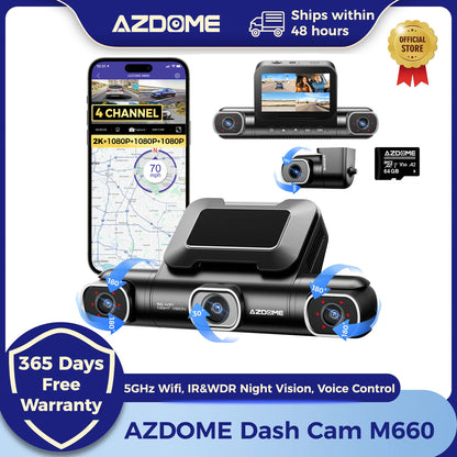 AZDOME Dash Cam M660 2.5K+3*1080P 4CH Car DVR GPS 5G Wifi Free 64GB Card Voice Control 24H Parking Monitor Super Night Visio