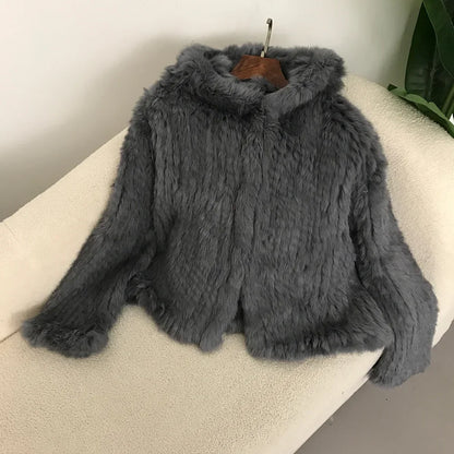 2024 Short Rabbit Fur Coat for Women Autumn Winter New Encrypted Thickened Handmade Double-sided Woven Hooded Korean Style