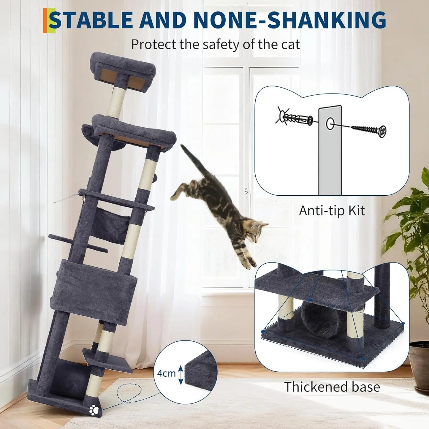 Garvee 188cm Extra Tall Multilevel Cat Tree Tower, Indoor Large Cat Climbing Activity Center with Cat Condos, Sisal Scratching Posts & Soft Hammock for Kittens and Adult Cats