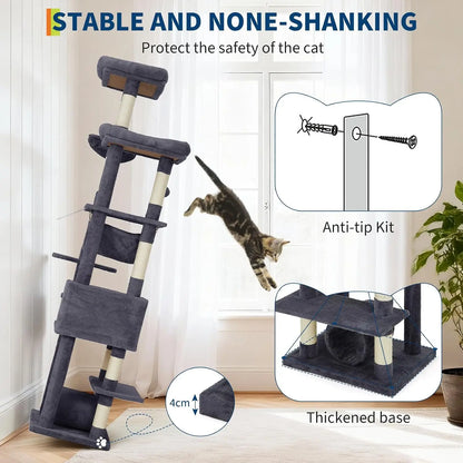 Garvee 188cm Extra Tall Multilevel Cat Tree Tower, Indoor Large Cat Climbing Activity Center with Cat Condos, Sisal Scratching Posts & Soft Hammock for Kittens and Adult Cats
