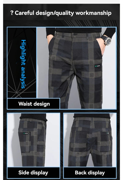 Autumn Winter Luxury Plaid Check Pattern Casual Pants Men Thick Business Elastic Waist Slim Fit Korean Pocket Long Trousers Male