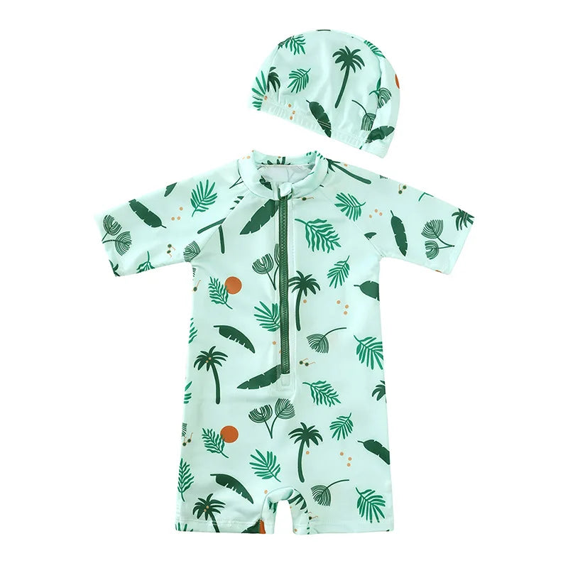 Baby Toddler One-piece Swimsuit With Hat Cartoon Print Kids Short Sleeve Zipper Swimwear Sun Protection For 0-7Y Boys Girls
