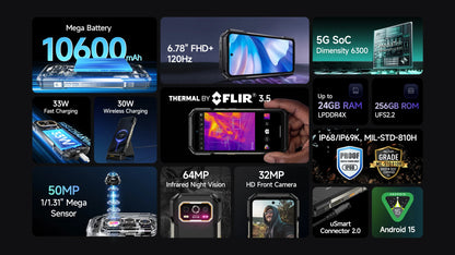 Ulefone Armor 27T Pro+ 5G Rugged Phone 10600mAh Android 15 Smartphone 50MP+64MP Night Camera 6.78" 120Hz 24GB+256GB NFC Mobile