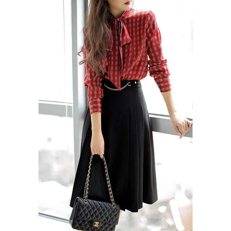 Harajuku Vintage New Fashion Scarf Neck Long Sleeved Women's Blouse Printed Shirt Casual Loose Youth Tops Elegant Female Clothes