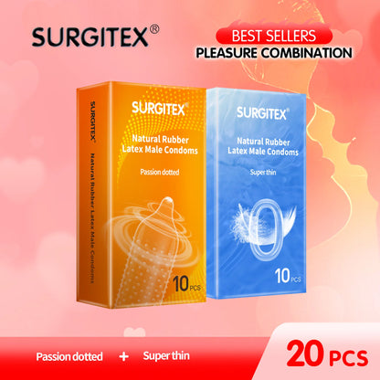 20-Pack Ultra-Popular Combo Pack Ultra-Thin Ultra-Lubricated Textured Male Condoms for Bareback Sensation