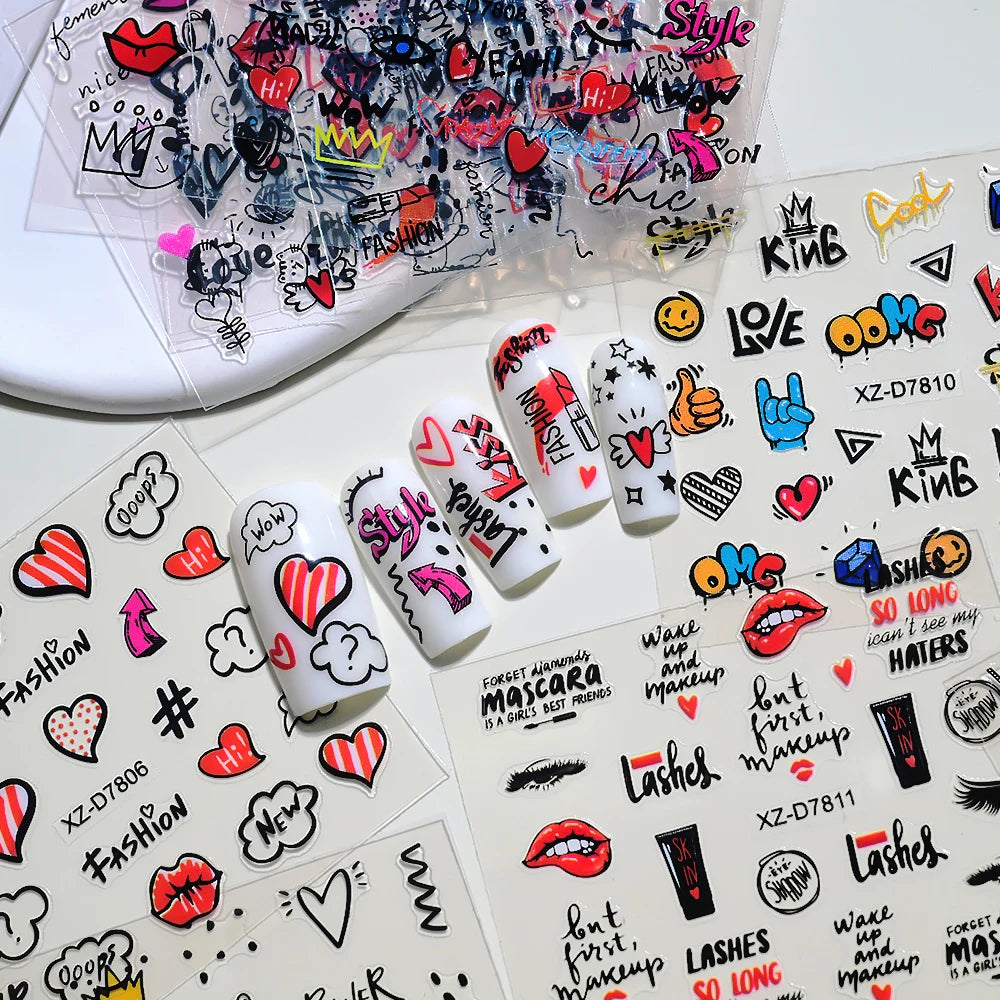 30pcs/set 3D Cartoon Cat Nail Art Stickers Black Graffiti Animal Bow Star Heart Nail Decals Kawaii Self-adhesive Manicure Slider