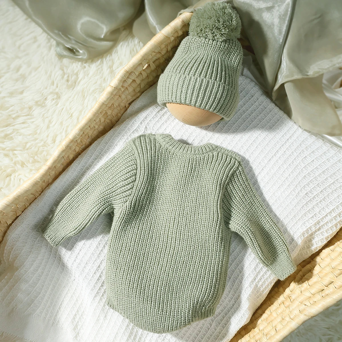 Ylsteed Hello World Knitting Newborn Photography Romper with Matching Pomp Hat Baby Boy Girl Sweater Outfits for Photo Shooting