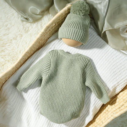 Ylsteed Hello World Knitting Newborn Photography Romper with Matching Pomp Hat Baby Boy Girl Sweater Outfits for Photo Shooting