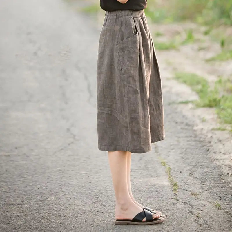 New Cotton and Hemp Half Length Skirt for Women in Summer, A-line Medium Length Skirt, High Waist, Loose Elastic Waist Skirt