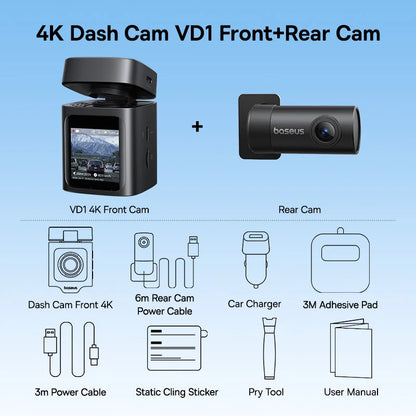 Baseus 4K Dash Cam VD1 Pro Front and Rear UHD Car Camera for SONY Sensor Supercapatior Night Vision WiFi6 DVR Video Recorder
