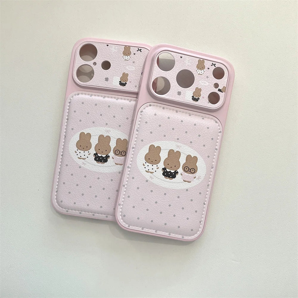 Polkadot Leather Funny Miffy Rabbit phone case for iPhone 15 Pro 14 13 16 Max 17 Pro Max Cover With Chain Cute Cartoon Cases Cap