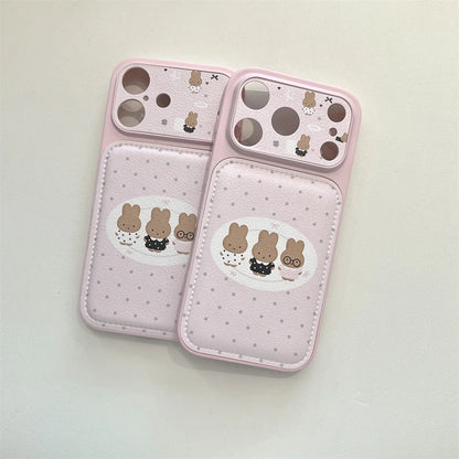 Polkadot Leather Funny Miffy Rabbit phone case for iPhone 15 Pro 14 13 16 Max 17 Pro Max Cover With Chain Cute Cartoon Cases Cap