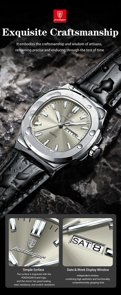POEDAGAR Top Fashion Men's Quartz Watches Luxury Luminous Waterproof Man Clock Week Date Leather Business Men Watch Reloj Hombre