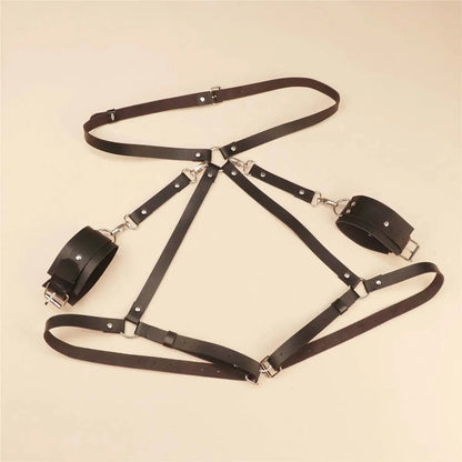 Goth PU Leather Garter Belt with Cuffs and Restraints Fashion Leather Bondage Garter Belt Valentine's Day Gift