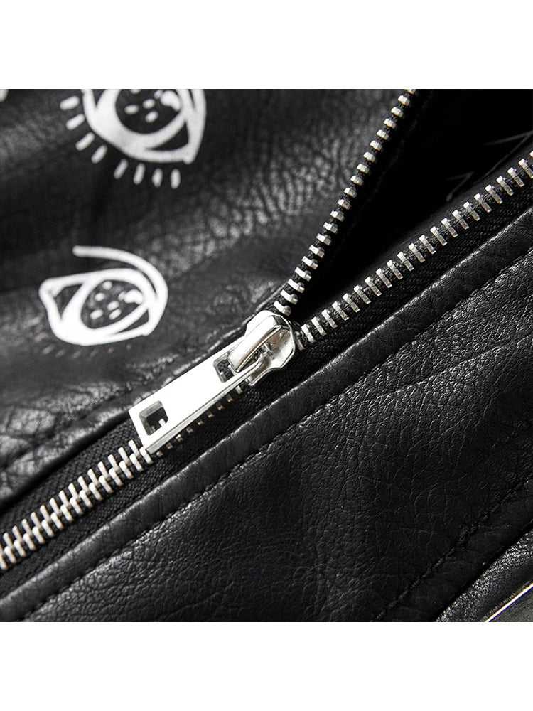 Ailegogo Spring Women Graffiti Print Pu Faux Leather Short Jacket Streetwear Female Retro Slim Zipper Moto Biker Coat Outwear