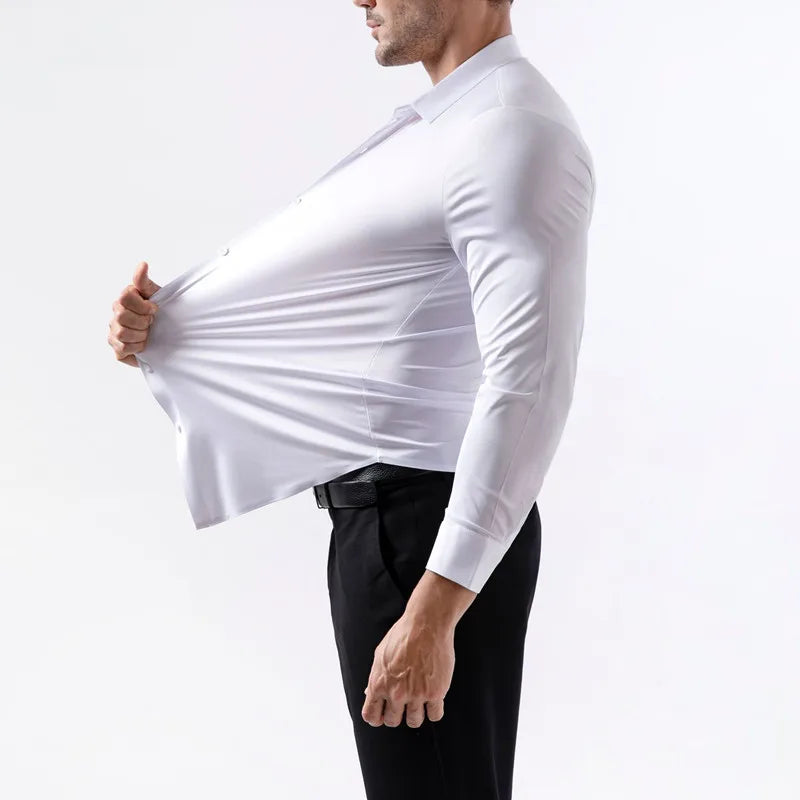 100KG Non-Iron Four-way High Stretch Men's Long Sleeve Shirt Silky Soft Sommth Blue Black Business Party Wedding Male Clothing