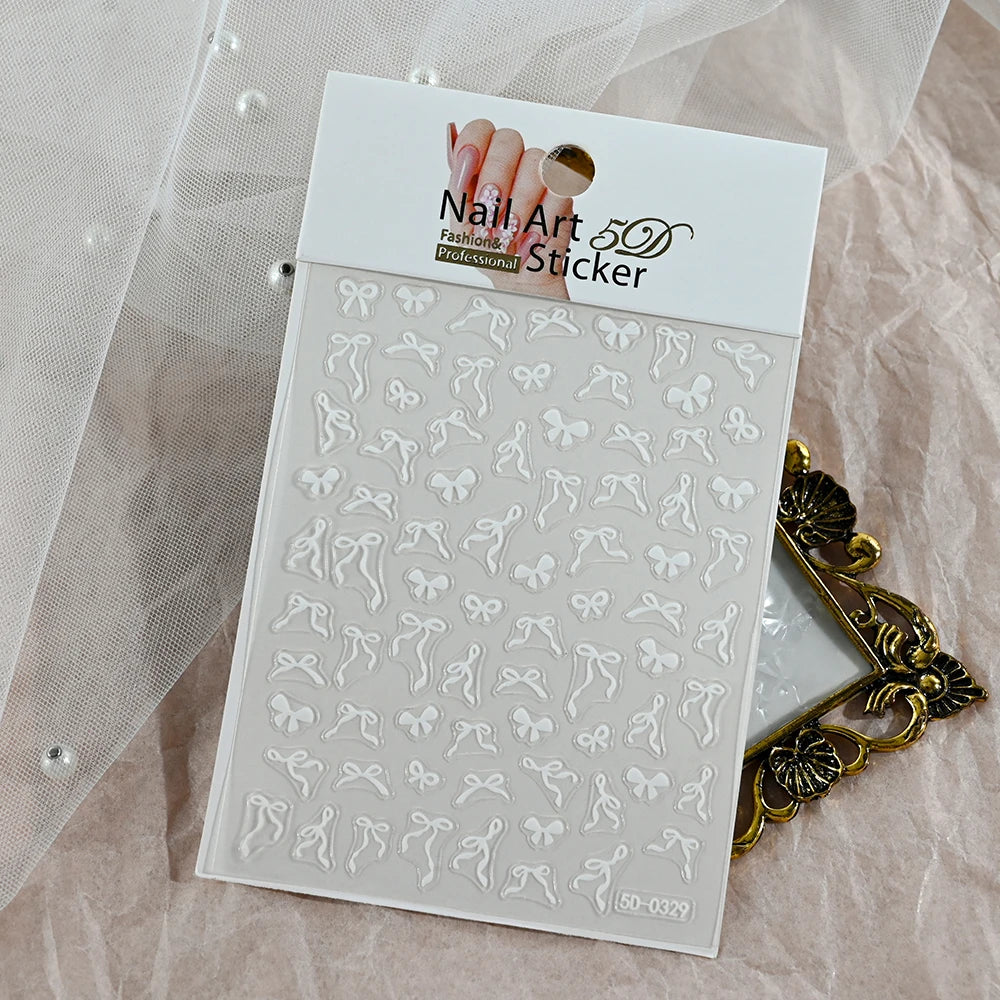 1pcs 5D White Lace Bowknot Nail Art Sticker Sweet Pearl  Bow Ribbon Self-Adhesive Nail Slider DIY Luxury Nail Decorations Decals